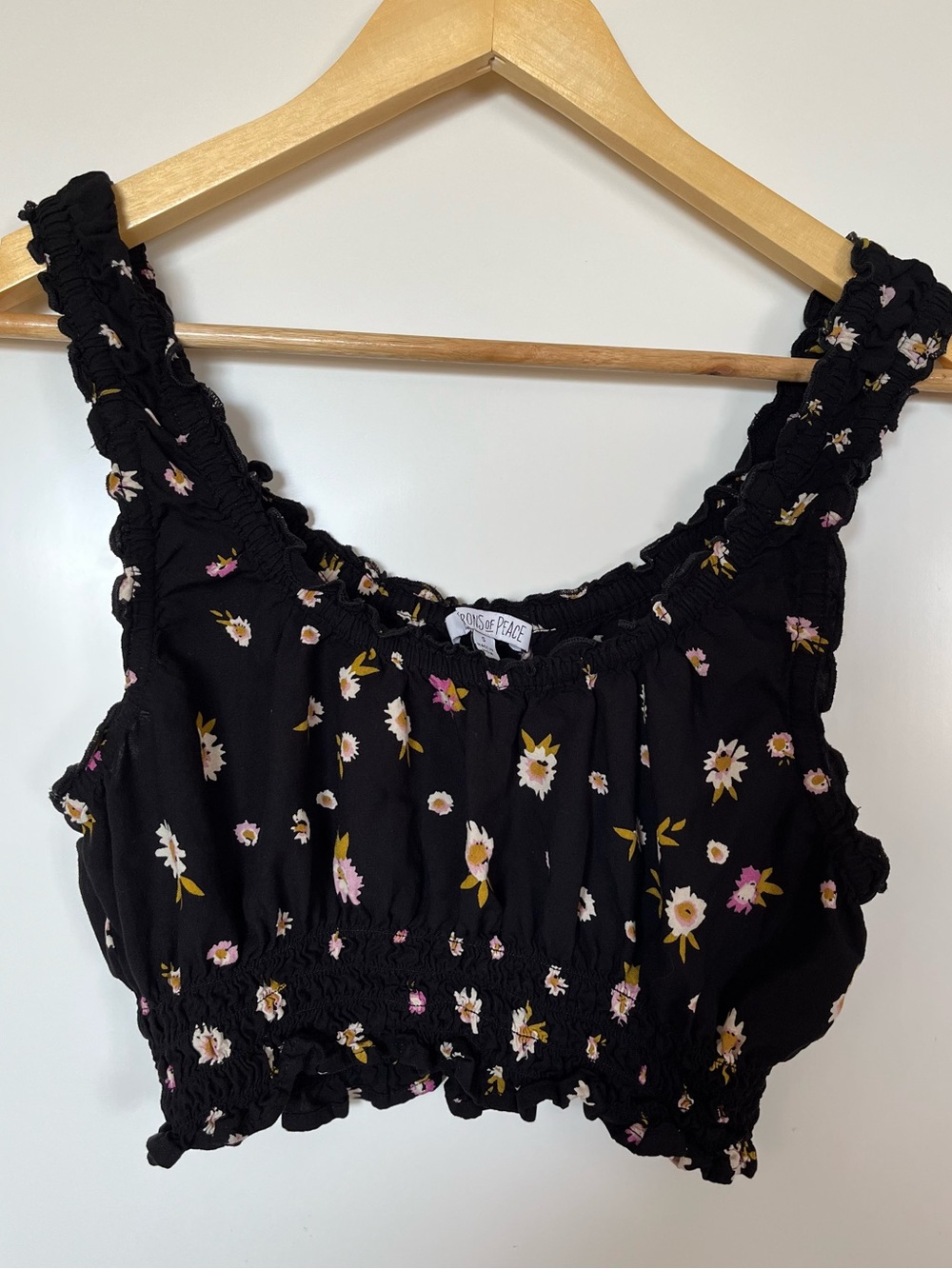 Patrons of Peace Black Floral Smocked Crop Top Ruffle Straps Size S